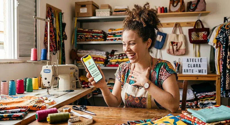 Empreendedora MEI usando o celular para contratar o Procred 360